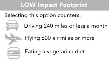Low impact footprint: Driving 240 miles or less, Flying 600 miles or more, Eating a vegetarian diet